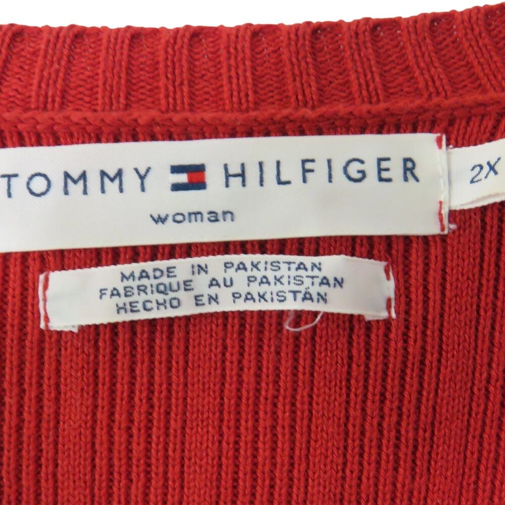 1990s Vintage Tommy Hilfiger Sweater Red V-Neck Preppy Chunky Knit Sweater 2XL - Picture 4 of 5
